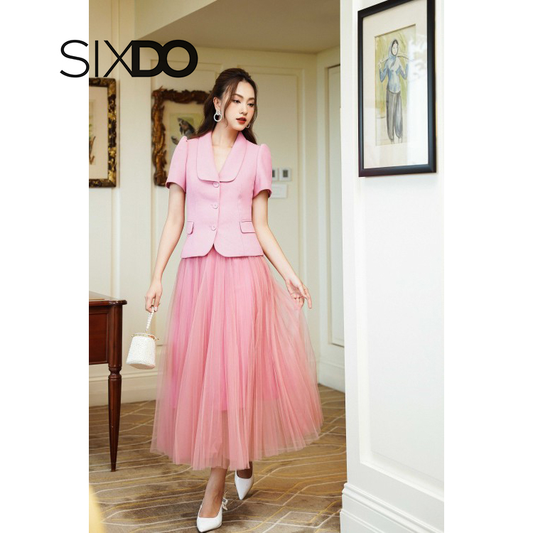 Áo vest nữ hồng dệt thoi ngắn tay bồng vai thời trang SIXDO Pink Shawl Lapel Collars Woven Vest spe