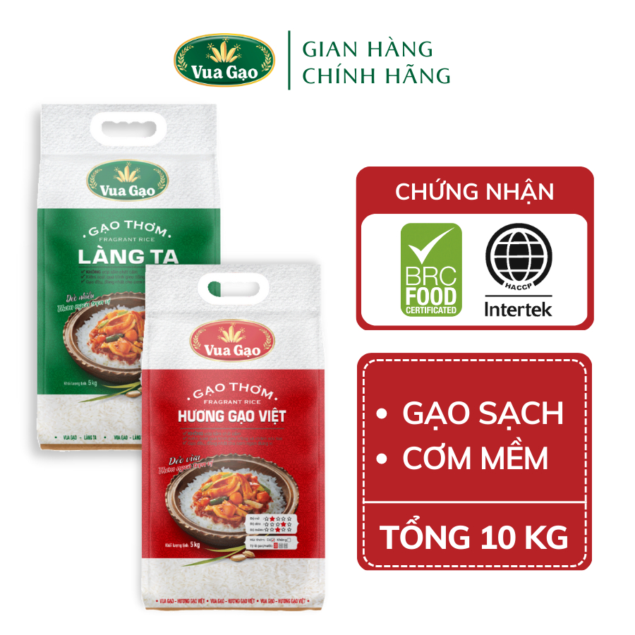 Combo Gạo Hương Việt + Gạo Thơm Làng Ta - Chính Hãng Vua Gạo - Túi 5kg (Cam kết date mới)