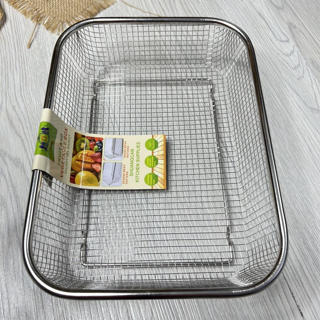 Rổ lưới đựng thức ăn hình chữ nhật  inox 304 sáng bóng
