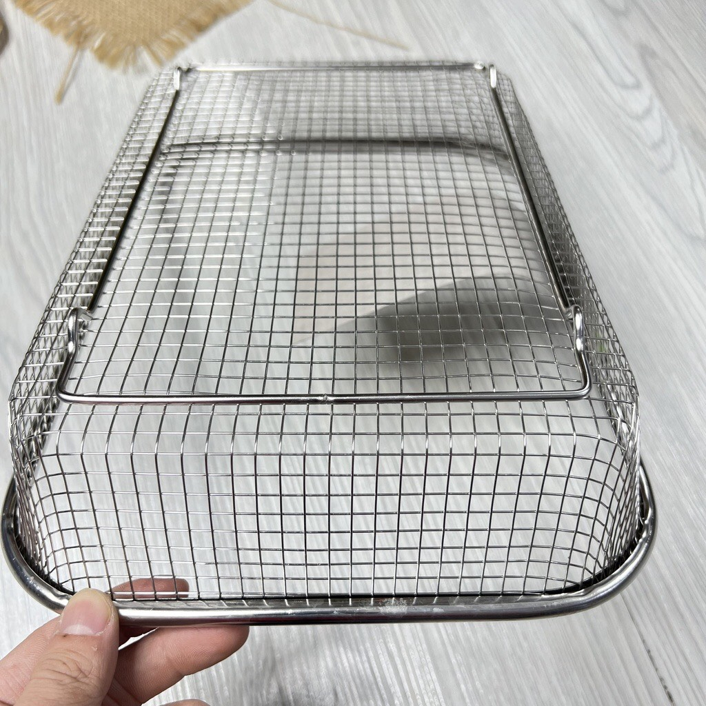 Rổ lưới đựng thức ăn hình chữ nhật  inox 304 sáng bóng