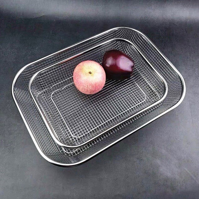 Rổ lưới đựng thức ăn hình chữ nhật  inox 304 sáng bóng