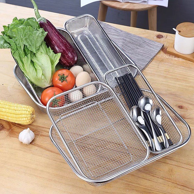 Rổ lưới đựng thức ăn hình chữ nhật  inox 304 sáng bóng