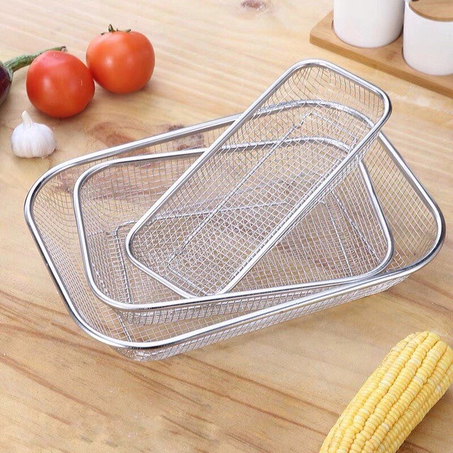Rổ lưới đựng thức ăn hình chữ nhật  inox 304 sáng bóng