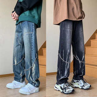 Quần Jeans Baggy Nam Nữ  Màu Loang Phối Phụ Kiện Form Rộng Dáng Suông,Chất Bò Thời Trang Unisex Phong Cách Hàn Quốc