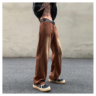 Quần Jeans Ống Rộng Dáng Suông Màu Nâu Loang Phối Rách, Thời Trang Unisex Phong Cách Hàn Quốc