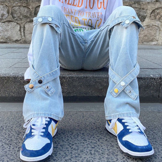 Quần Jeans Nam Nữ From Rộng Dáng Suông Màu Đen và Xanh Phối Phụ Kiện, Thời Trang Unisex Phong Cách Hàn Quốc (QJT033)