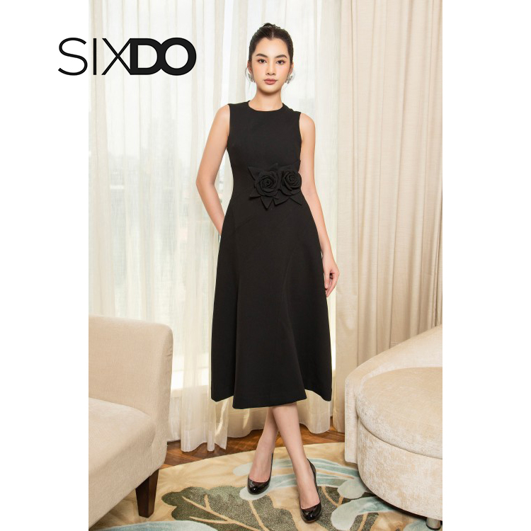 Đầm sát nách dáng xòe phối hoa eo thời trang SIXDO Black Bouffant Midi Woven Dress