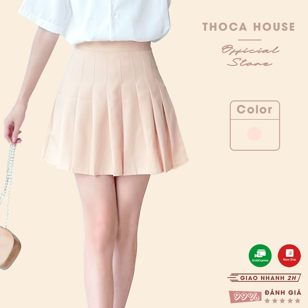 Chân váy xếp ly nữ sinh dáng ngắn trơn kem THOCA HOUSE có lót trong, phong cách Hàn Quốc