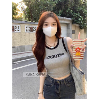 Áo ba lỗ croptop trơn viền màu nữ thêu chữ thun dày phong cách ulzzang nhiều màu