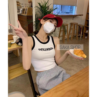Áo ba lỗ croptop trơn viền màu nữ thêu chữ thun dày phong cách ulzzang nhiều màu