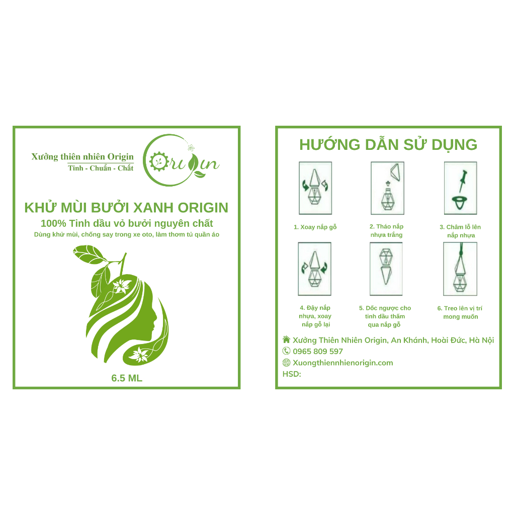 Tinh dầu treo xe khử mùi oto, chống say xe - Khử mùi bưởi xanh Origin 6.5ml