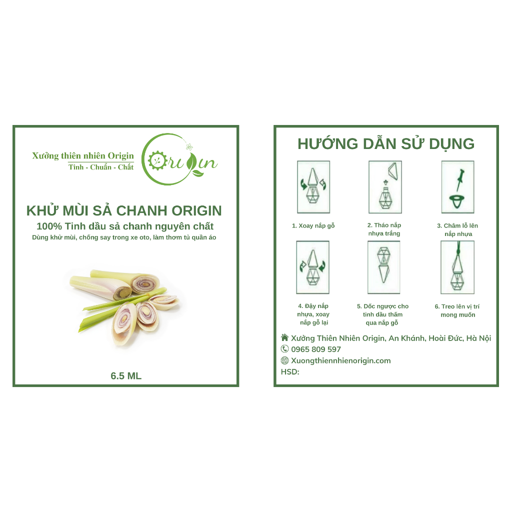Tinh dầu treo xe khử mùi oto, chống say xe - Khử mùi sả chanh Origin 6.5ml