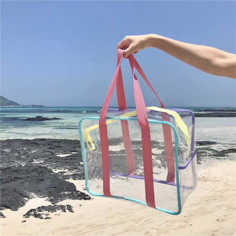 Túi/giỏ xách đi biển nhựa PVC trong suốt phối dây vải màu macaron thời trang phong cách Hàn Quốc