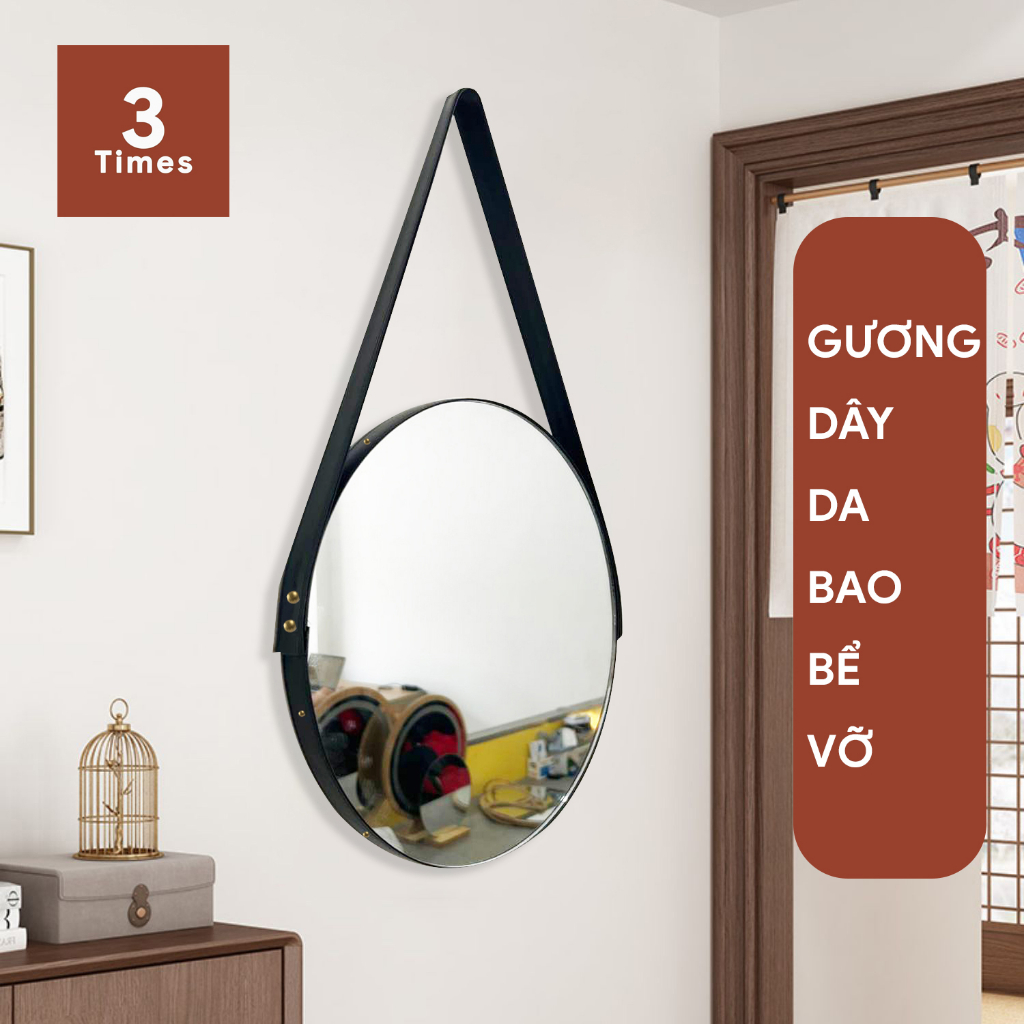 Gương tròn treo tường dây da, nhiều kích thước, bao bể vỡ, gương siêu nét, dây da siêu sang