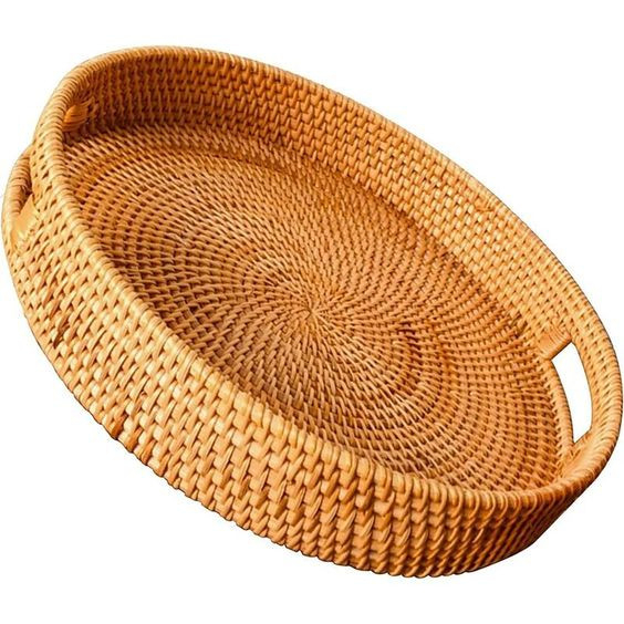 Khay Mây Tròn Có Tay Cầm ONGTRE, Khay Phục Vụ, Đựng Trà Bánh, Đồ Ăn, Nhà Hàng, Khách Sạn