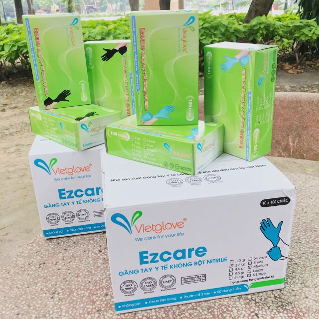 Găng Tay Cao Su, Găng Tay Không Bột Vietglove 1 Hộp 100 Chiếc Nitrile Ezcare Sử Dụng An Toàn Cho Da