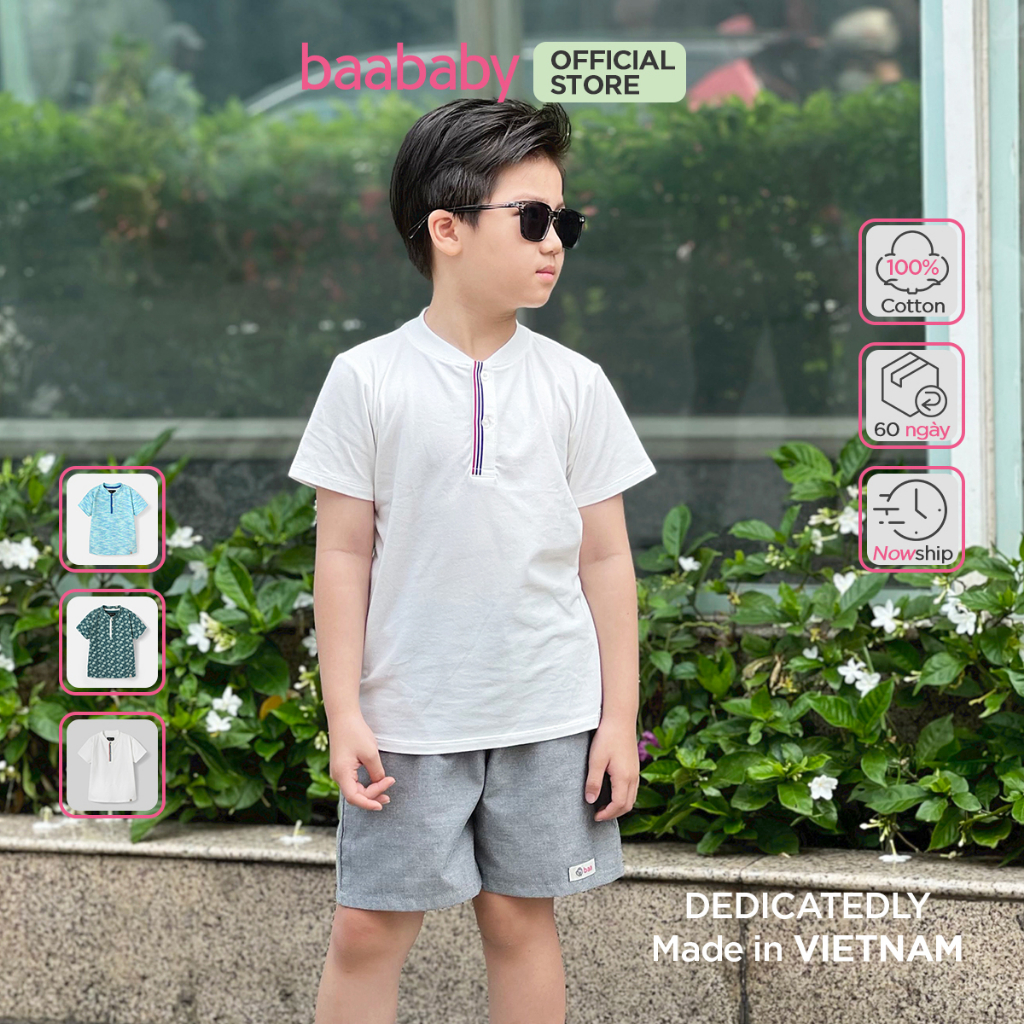 Áo bé trai, áo thun cổ trụ ngắn tay cho bé vải cotton 4 chiều cao cấp cho bé từ 4 - 10 tuổi BAA BABY - S-BK-AT28N-01