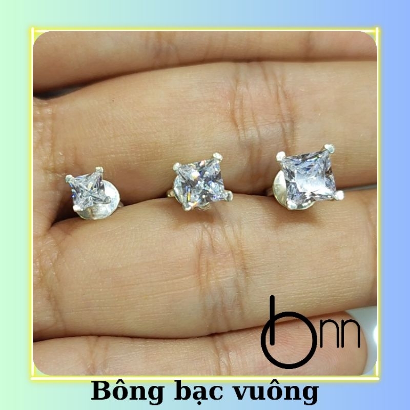 Bông tai bạc hạt vuông 4ly 5ly 6ly cho nam nữ sang trọng đơn giản