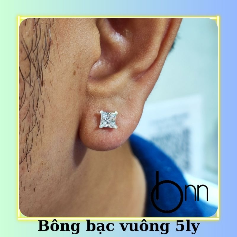 Bông tai bạc hạt vuông 4ly 5ly 6ly cho nam nữ sang trọng đơn giản