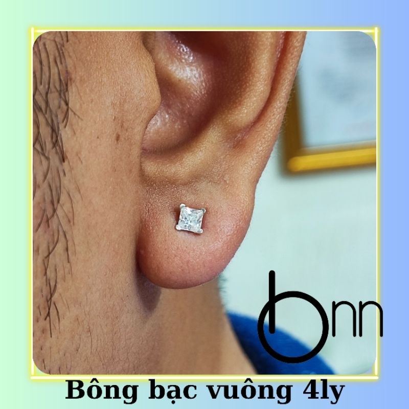 Bông tai bạc hạt vuông 4ly 5ly 6ly cho nam nữ sang trọng đơn giản