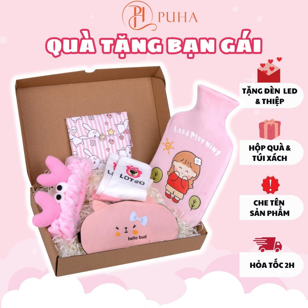 Ảnh Combo quà sinh tặng bạn gái gồm, túi chườm nóng sưởi ấm bụng kinh PUHA 1000ml kèm phụ kiện cute 1