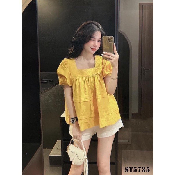 Sét áo cổ vuông tay bồng dáng babydoll kèm quần sooc đen ống rộng SET0101