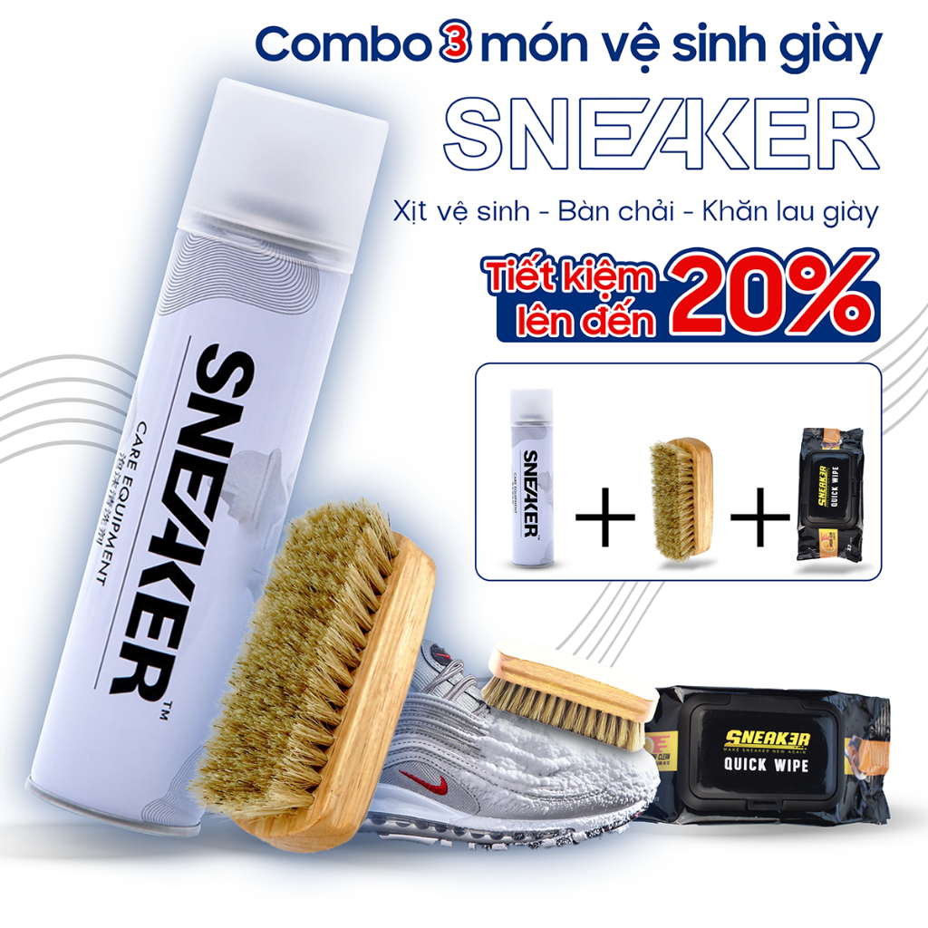 Bộ phụ kiện chăm sóc giầy dép Shoes 2h Sneaker 3 món gồm bình sịt, bàn chải đánh và 1 gói 32 khăn.