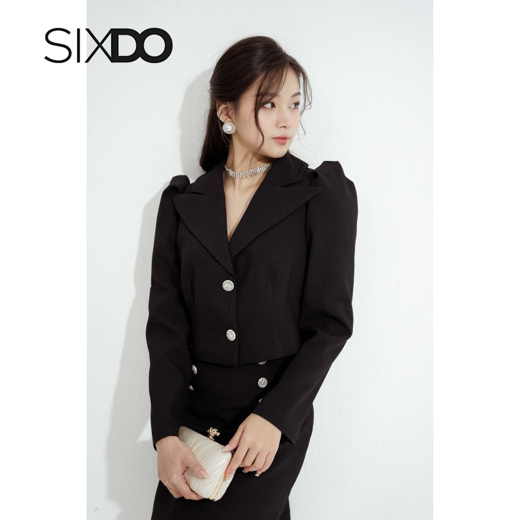 Áo vest nữ dáng ngắn vai bồng 2 cúc SIXDO Black Cropped Puff-sleeves Raw Vest