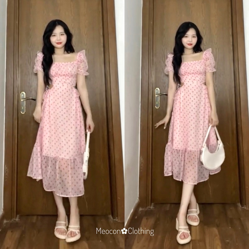 Váy Tơ Maxi Hồng Hoa Nhí Khoét Eo Dây Rút Đi Biển lớp Shopee Việt Nam