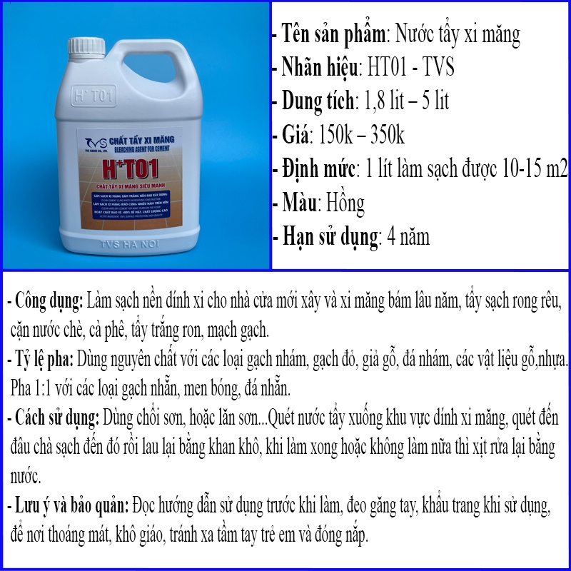 Nước tẩy xi măng, rêu công nghiệp chuyên dụng Ht01-TVS loại 5 lit ...