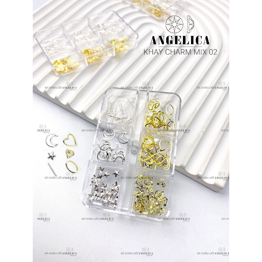 Khay charm nhiều hình nail kim loại ánh vàng, ánh bạc trang trí móng ANGELICA KC0