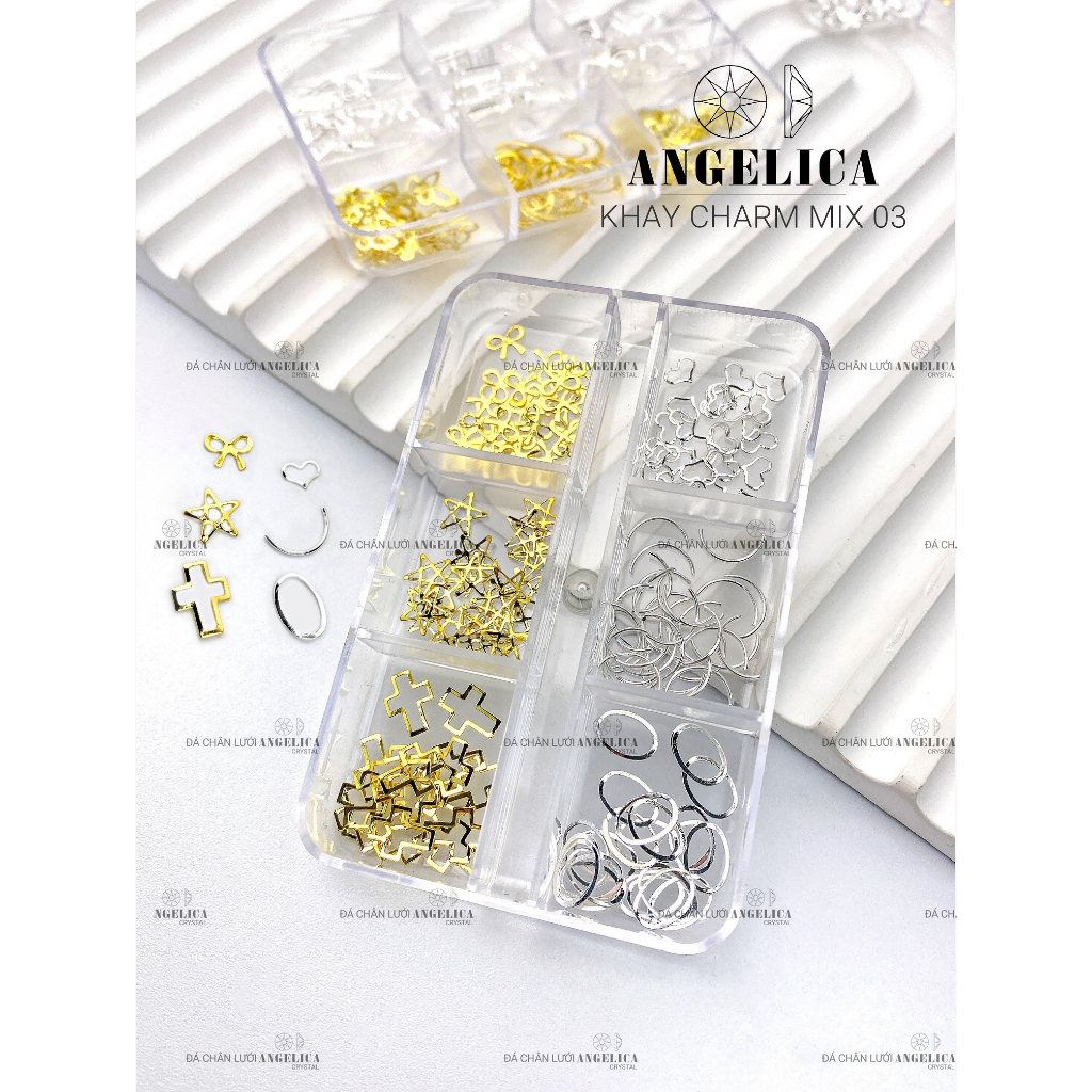 Khay charm nhiều hình nail kim loại ánh vàng, ánh bạc trang trí móng ANGELICA KC0