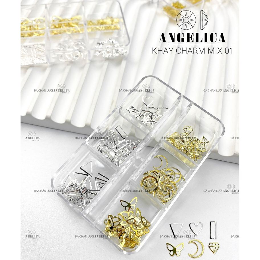 Khay charm nhiều hình nail kim loại ánh vàng, ánh bạc trang trí móng ANGELICA KC0