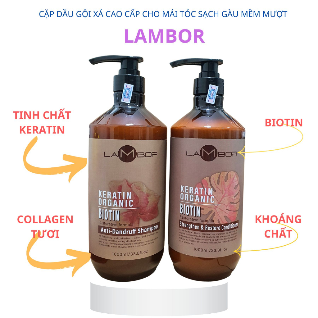 Cặp Dầu Gội Xả Lambor Keratin Organic 1000ml/Chai | Hỗ Trợ Sạch Gàu, Giảm Ngứa, Tóc Mềm Mượt