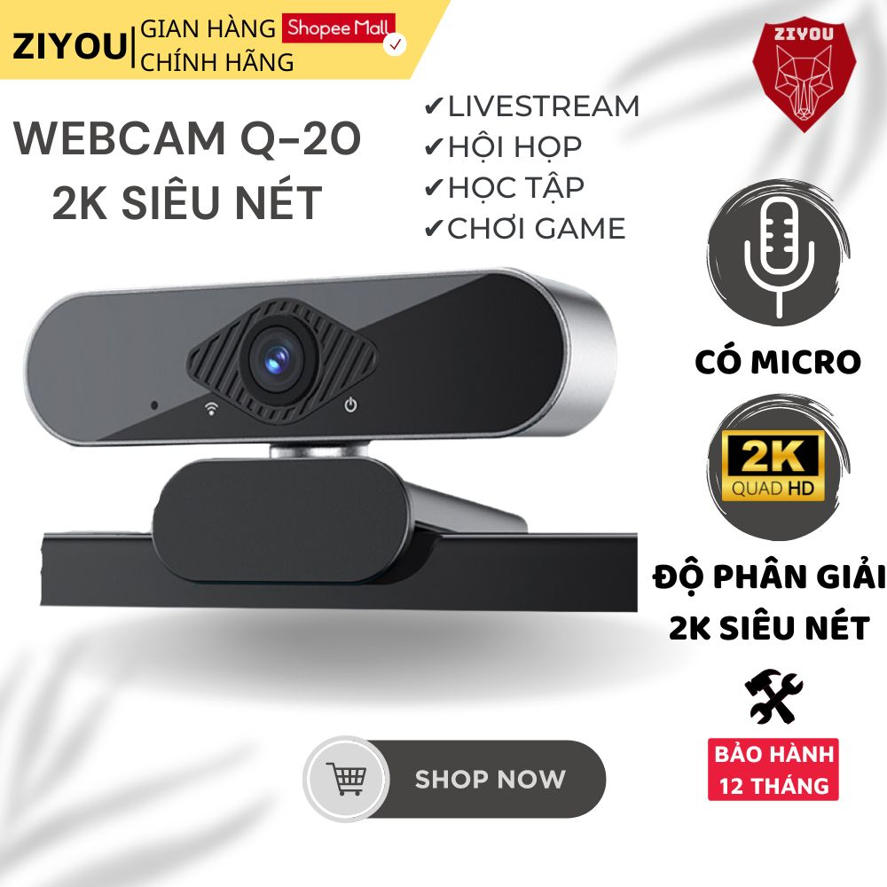 [Mã ELCL7 giảm 7% đơn 300K] Webcam Máy Tính PC Laptop Ziyou Q-20 Độ Phân Giải 2K Có Mic Camera Trợ Sáng Cực Nét