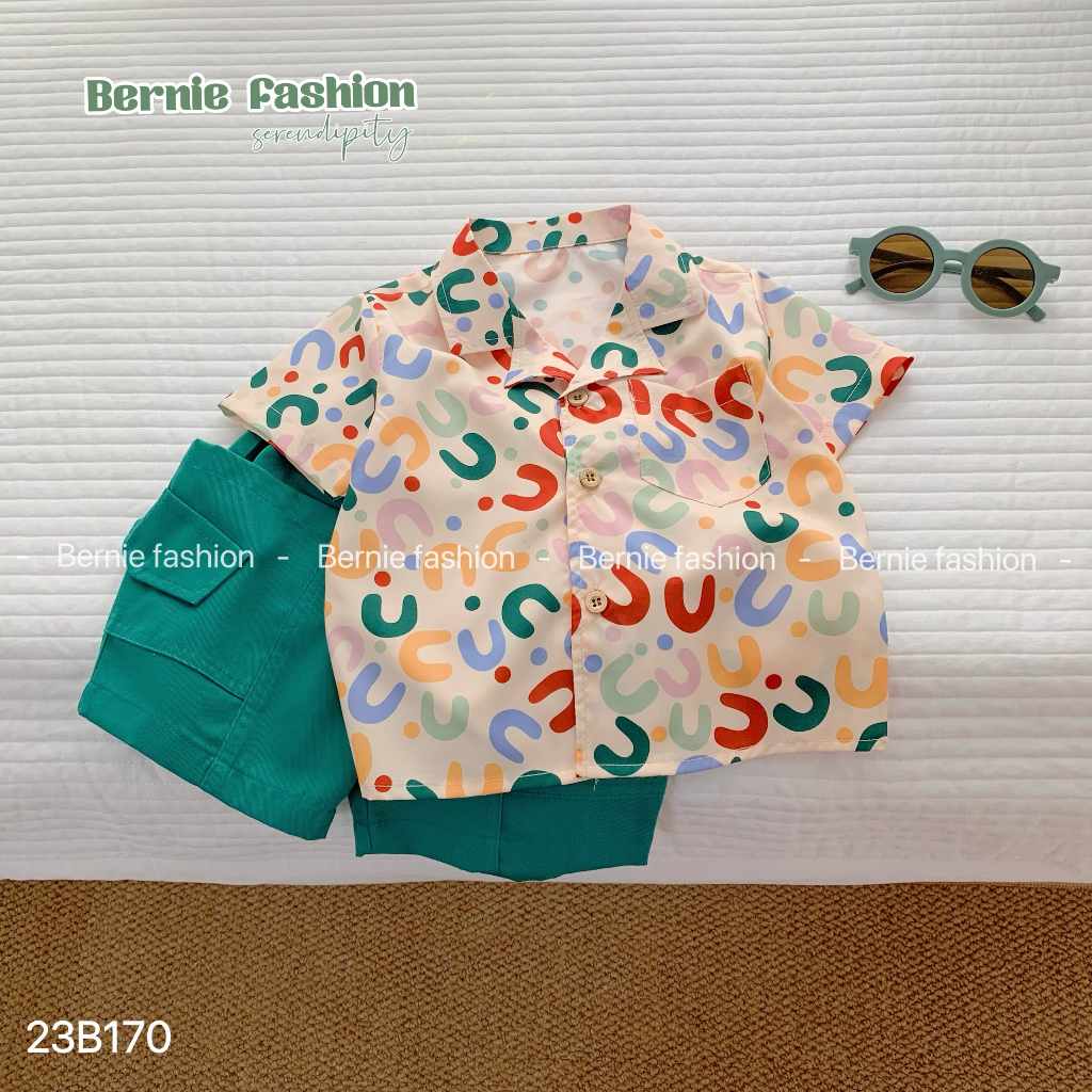 Bộ sơ mi hoạ tiết chữ đi biển cho bé trai, set sơ mi quần kaki cá tính Bernie