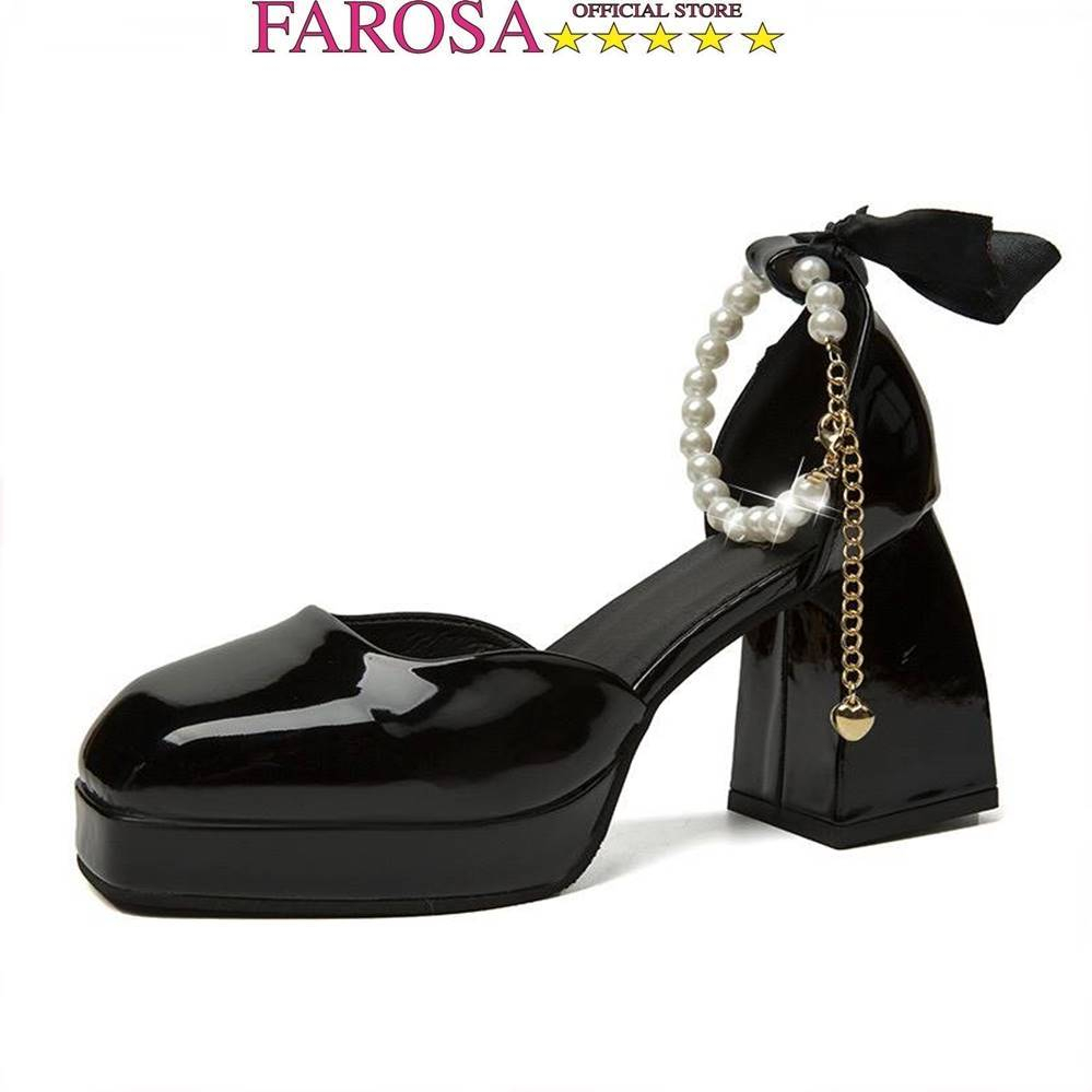 Giày cao gót 10P mũi vuông màu đen và trắng FAROSA- K74 quai hạt ngọc cực cute