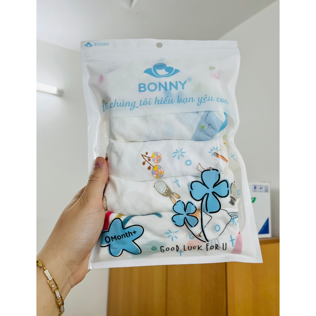 Ảnh Set 5 Khăn Sữa BONNY Họa Tiết Sợi Tre 4 Lớp Mềm Mịn,Thấm Hút Cho Bé Sơ Sinh(KT: 28x28 Cm) 1