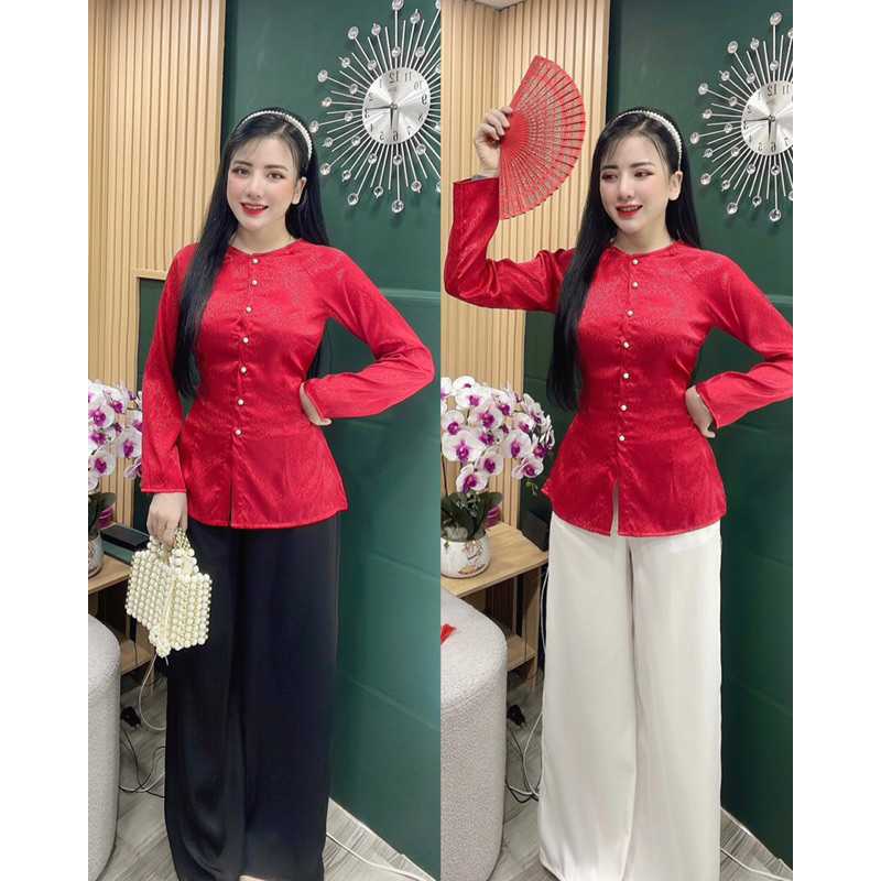 BB176 3884 - Set bà ba lụa tằm 2 da xanh coban ánh đỏ. quần ống rộng