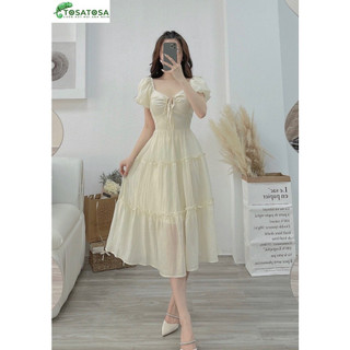 Đầm maxi tay bồng tơ Quảng Châu thiết kế rút ngực tiểu thư siêu xinh, Váy dự tiệc nữ rẻ đẹp trẻ trung