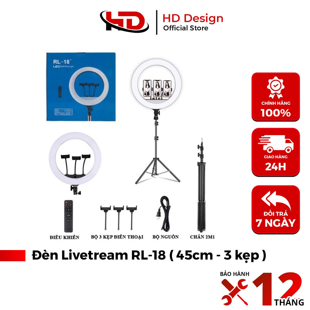 Bộ Đèn Live Stream RL 18 Size 45cm + Chân Đèn + Kẹp Điện Thoại - Chính Hãng HD DESIGN