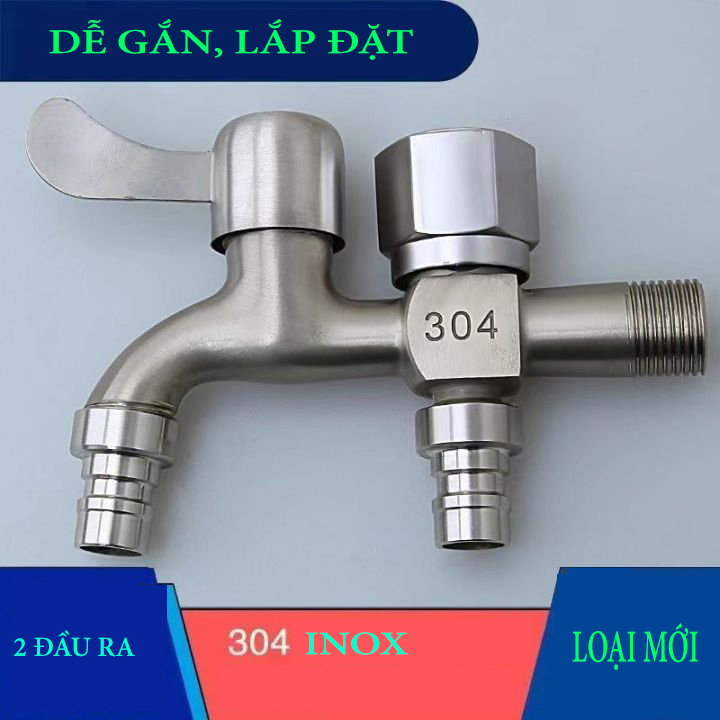 Vòi nước 2 đầu ra inox, Vòi nước 2 đầu cho máy giặt chia nước thành 2 ...