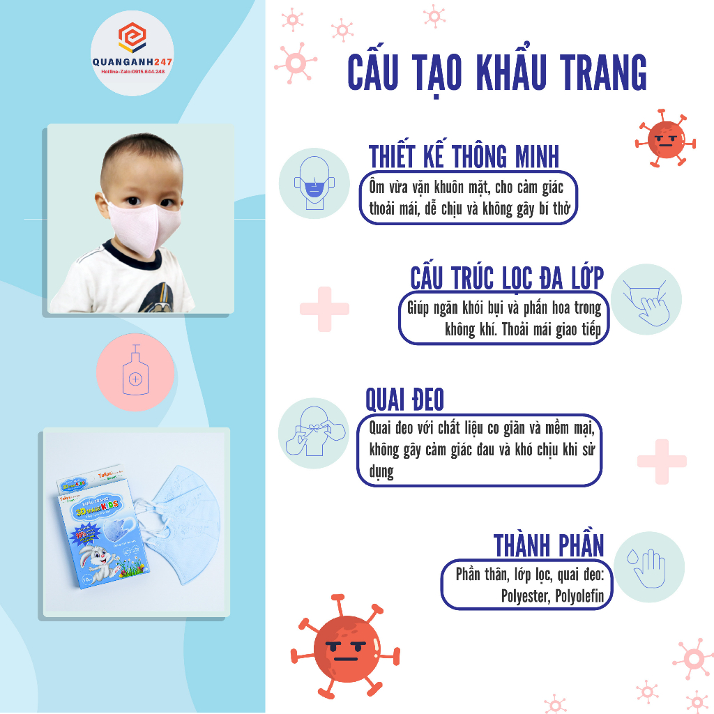 Combo 200 cái khẩu trang  3D Kids 4 lớp Tulips cho bé 1-6 tuổi chống bụi, chống nắng, kháng khuẩn