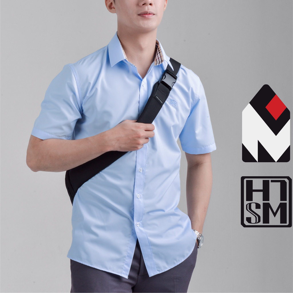 Áo sơ mi nam ngắn tay HTSM Prime trơn, vải Polyspun chống nhăn, can cổ, dáng Medium fit công sở