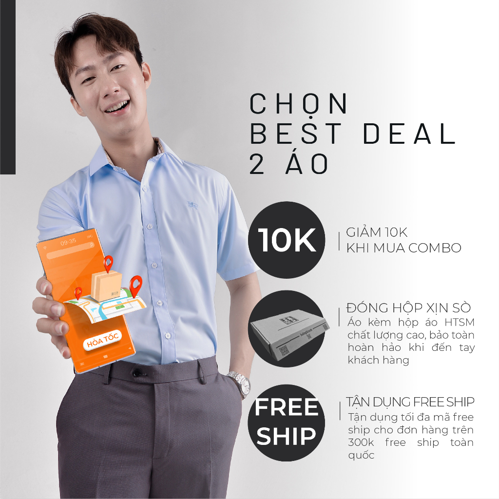 Áo sơ mi nam ngắn tay HTSM Prime trơn, vải Polyspun chống nhăn, can cổ, dáng Medium fit công sở