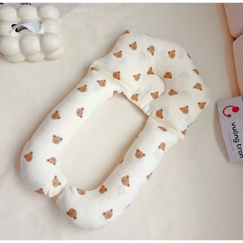 Gối chữ U cho bé, Gối ôm chặn đang năng cho trẻ sơ sinh chống giật mình vải Xô Muslin cao cấp Tiệm Nhà Bơ