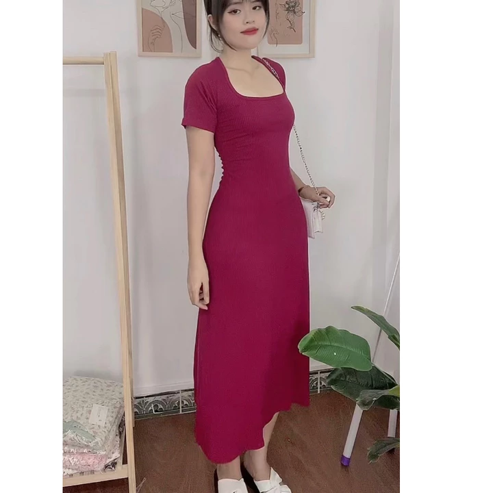 Đầm body dự tiệc đi chơi cổ vuông chân váy xòe WENJI, Váy đầm body thun nữ tôn dáng, sexy cho các nàng