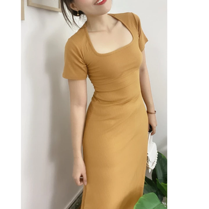 Đầm body dự tiệc đi chơi cổ vuông chân váy xòe WENJI, Váy đầm body thun nữ tôn dáng, sexy cho các nàng