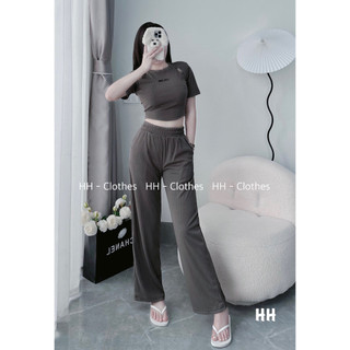 Set Bố Đồ Nữ Áo Croptop Tăm Vạt Bầu Khoét Vai Mix Quần Suông Ống Rộng Freesize