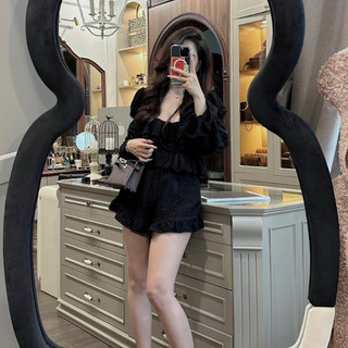 Set Bộ Đồ Nữ Áo Xốp Bèo Tầng Chun Tay Màu Đen Mix Quần Sooc Đùi Gấu Bèo Freesize